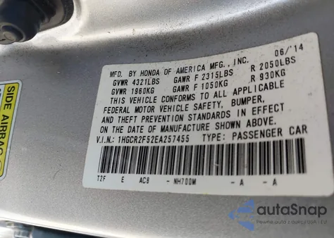 2014 Honda Accord Sport from USA, damaged, VIN 1HGCR2F52EA257455